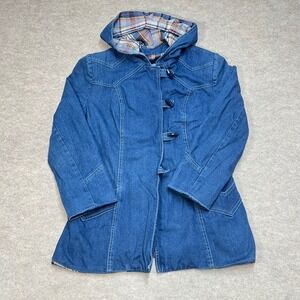Vintage Le Soleil Juniors Denim Hooded Toggle Coat Plaid Lined Blue Jacket 11/12